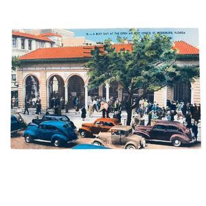 1940s Vintage Postcard Open Air Post Office Cars Street St Petersburg Florida FL